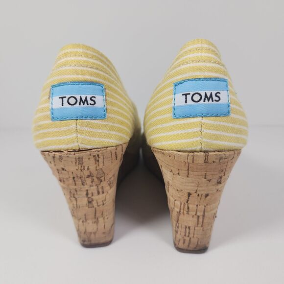 Toms Shoes Womens 7.5 Yellow Striped Fabric Wedge Cork Heels Peep Toe Slip On - Picture 4 of 10